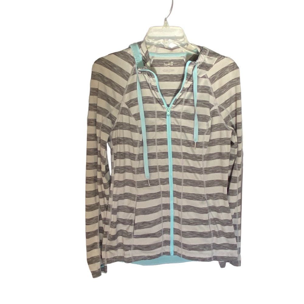 Lukka Women's Medium Gray and White Zip Up Hoodie with Pockets, Stretchy Fabric